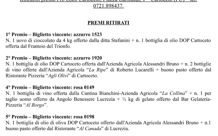 Risultati Lotteria Carnevale di Cartoceto