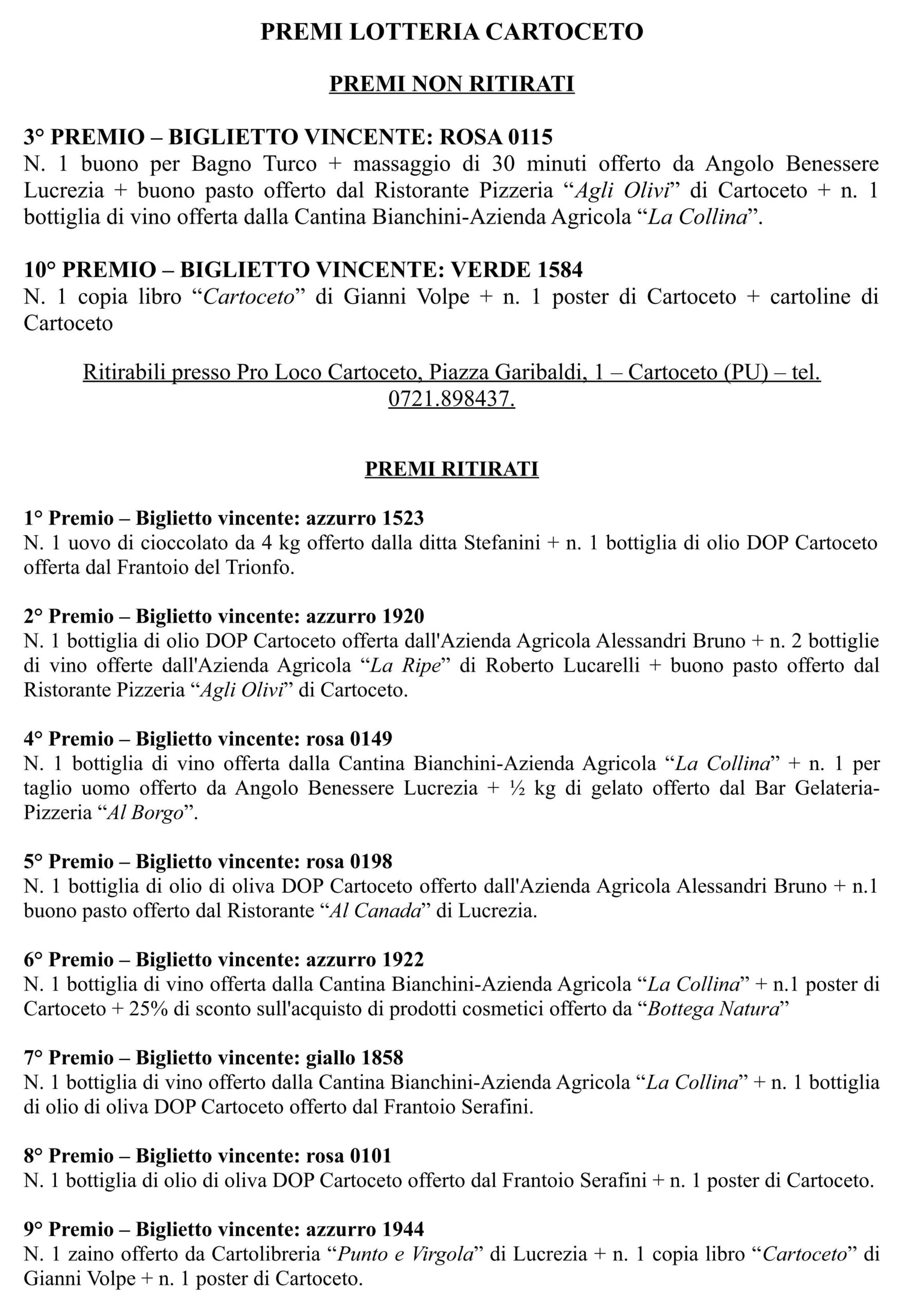 Risultati Lotteria Carnevale di Cartoceto