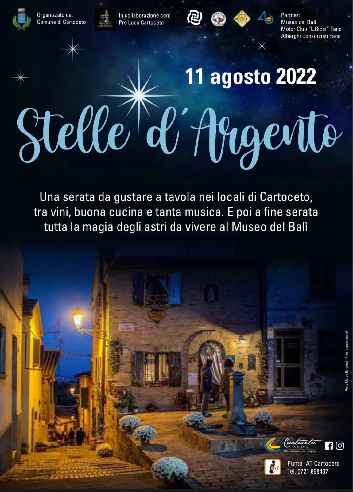 “Stelle d’argento”.                                                                                                                                                            Torna a Cartoceto l’appuntamento con la notte delle stelle tra musica e buona tavola