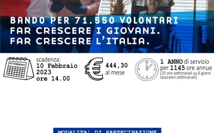 Servizio Civile Universale: pubblicato il Bando per la selezione di operatori volontari