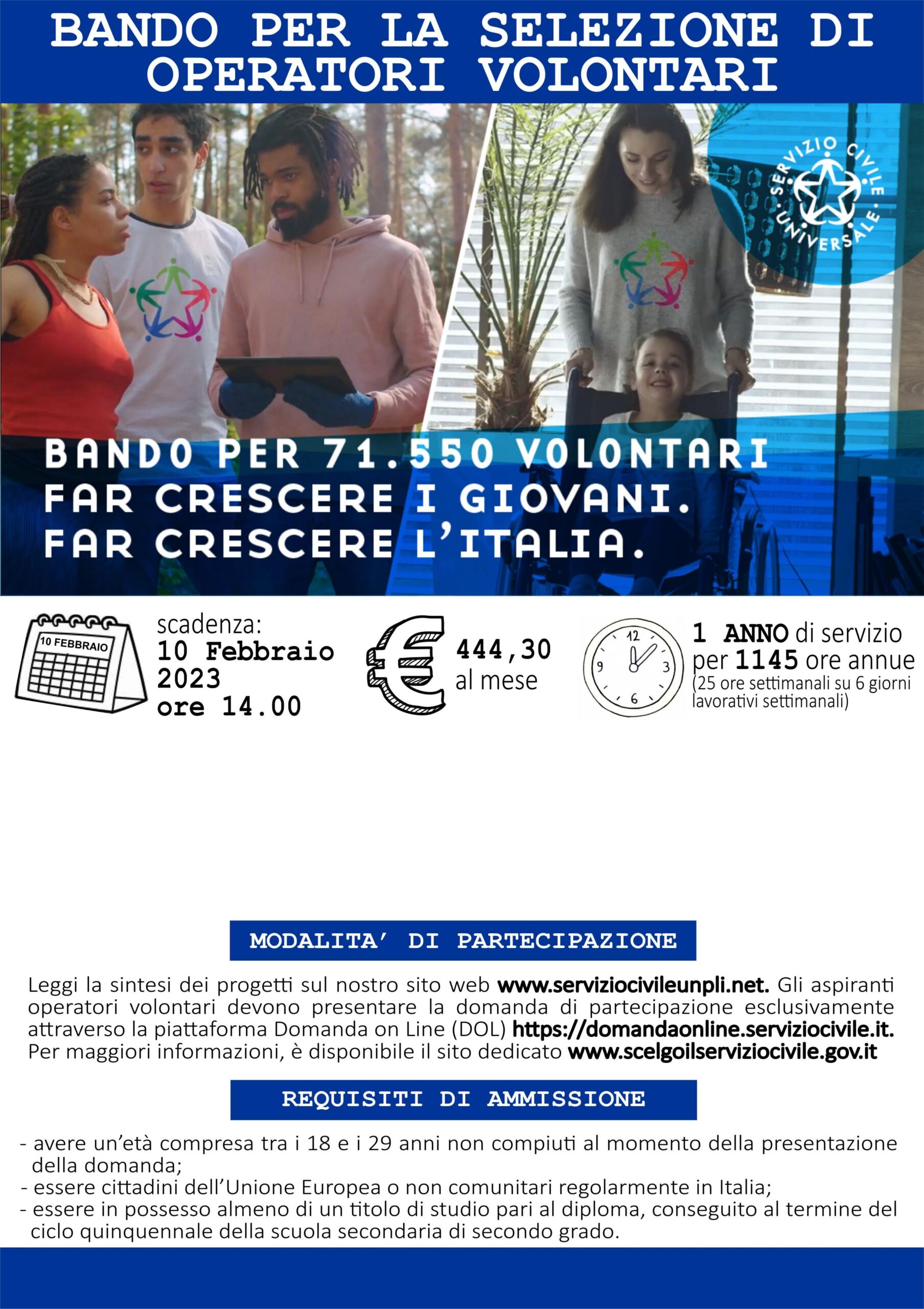 Servizio Civile Universale: pubblicato il Bando per la selezione di operatori volontari