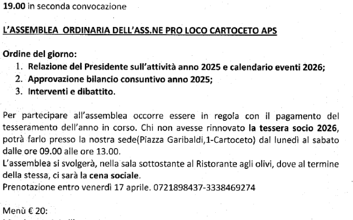 ASSEMBLEA  ORDINARIA DELL’ASS.NE PRO LOCO CARTOCETO APS  –  19 aprile 2026