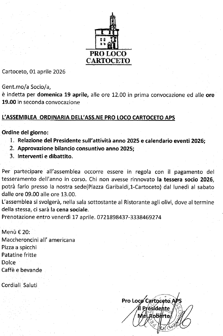 ASSEMBLEA  ORDINARIA DELL’ASS.NE PRO LOCO CARTOCETO APS  –  19 aprile 2026