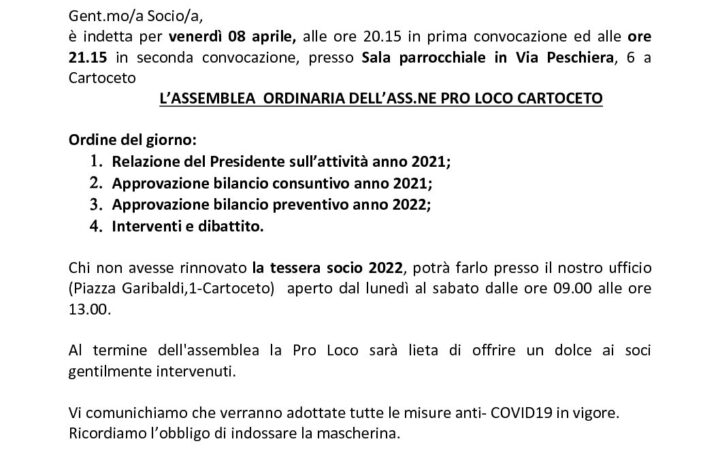 Convocazione assemblea ordinaria Ass.ne Pro Loco Cartoceto