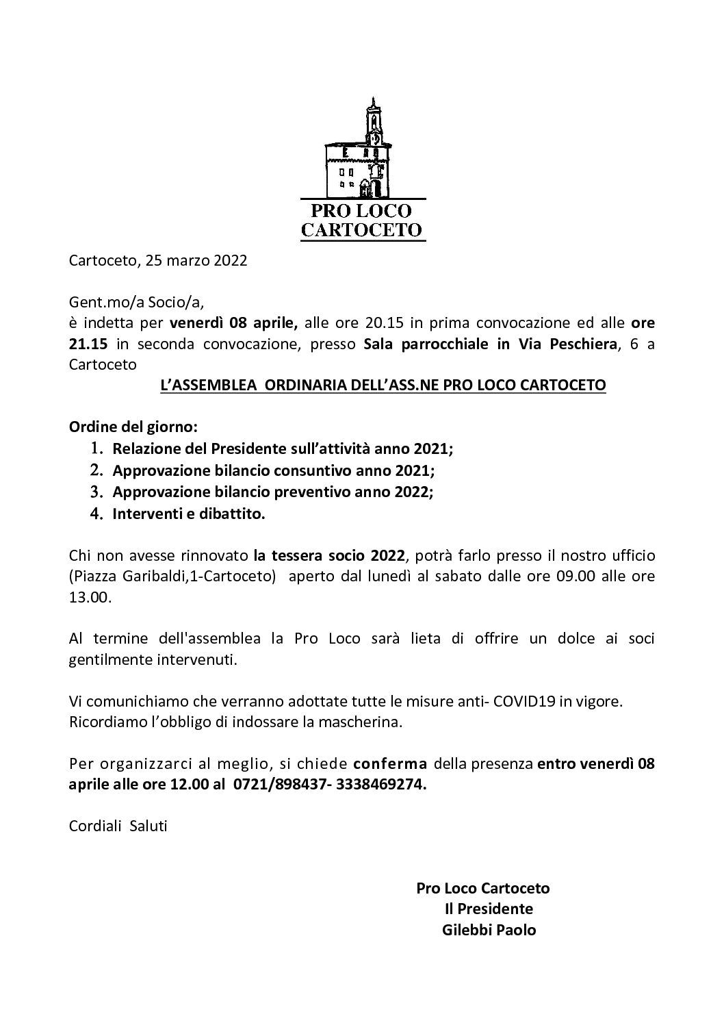 Convocazione assemblea ordinaria Ass.ne Pro Loco Cartoceto